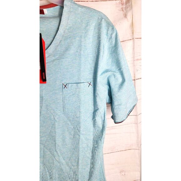Vassari Los Angeles V-Neck XL Slim Fit Short Sleeve Teal Cut Hem, Cuff Shirt - Picture 6 of 16